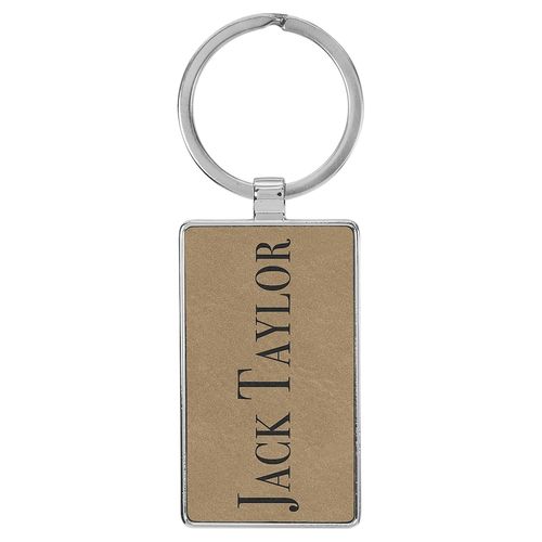 70x32mm Laserable Leatherette/Metal Light Brown Rectangle Keychain