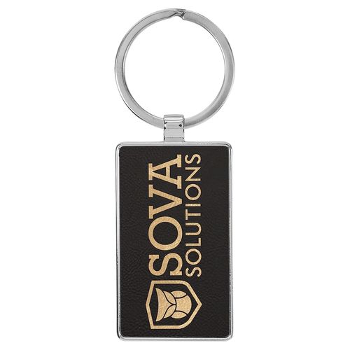 70x32mm Laserable Leatherette/Metal Black/Gold Rectangle Keychain
