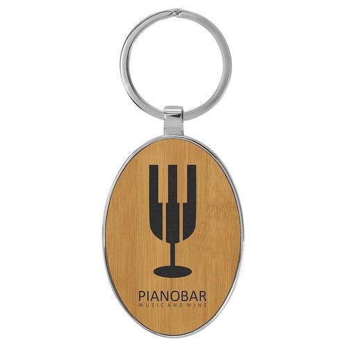 75x44mm Laserable Leatherette/Metal Bamboo Oval Keychain